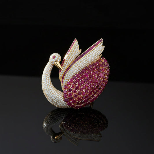 Modern 1980's 22.00cttw Ruby and 5.50 cttw Diamond 14Kt Yellow Gold Swan Pendant/Brooch