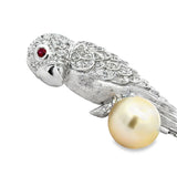 Modern Estate Diamond and South Sea Peal, Ruby 18Kt White Gold Parrot Brooch
