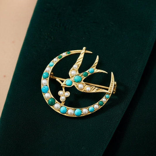 Victorian 14k Yellow Gold Crescent Moon & Swallow Brooch with Seed Pearls and Turquoise