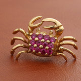 Modern Ruby Crab 14K Yellow Gold Brooch
