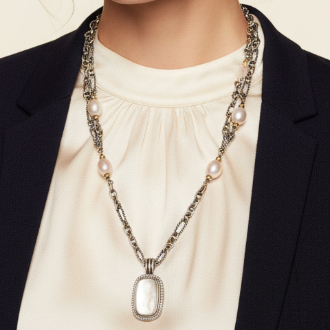 Estate David Yurman Silver 18Kt Yellow Gold Mother of Pearl and Freshwater Pearl 18" Necklace