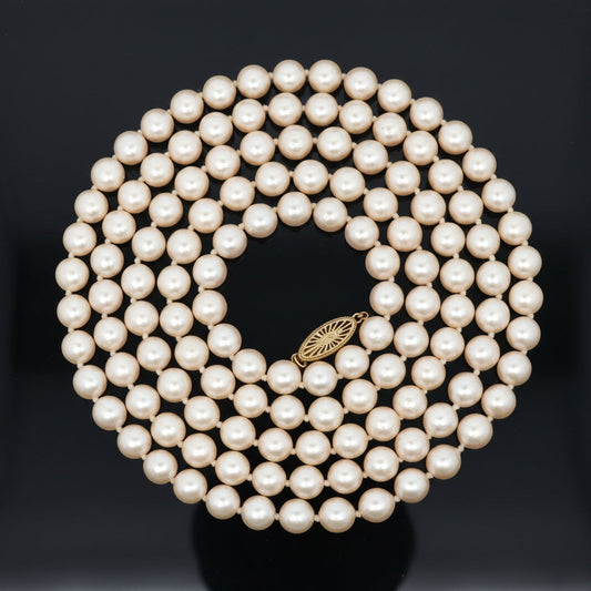 Modern 1990's Japanese Akoya Cultured Pearls 36" 14kt Yellow Gold Necklace