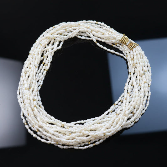 Modern Multi Strand Freshwater Pearl and Diamond 14kt Yellow & White Gold Necklace