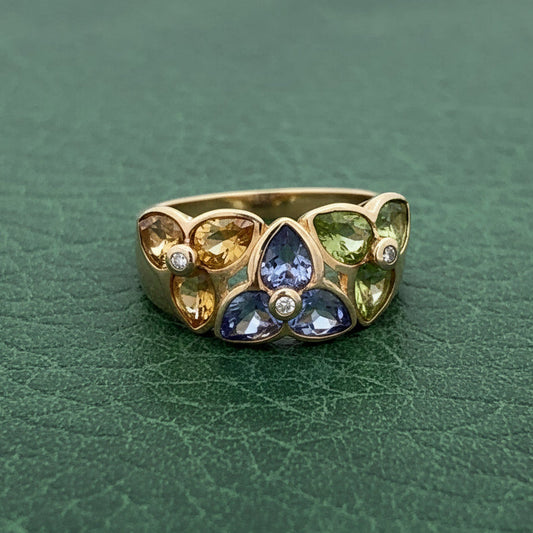 Modern Designer JCR Citrine, Peridot, Tanzanite and Diamond 14Kt Yellow Gold Ring.