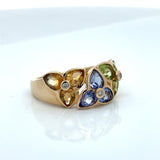 Modern Designer JCR Citrine, Peridot, Tanzanite and Diamond 14Kt Yellow Gold Ring.