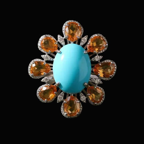 Modern Orange Sapphire Diamond, Turquoise 18kt White Gold Ring