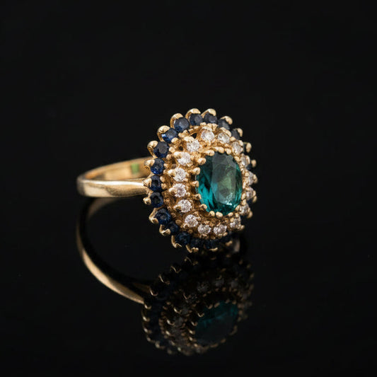 Modern 1990's Sapphire and Diamond 14K Yellow Gold Ring