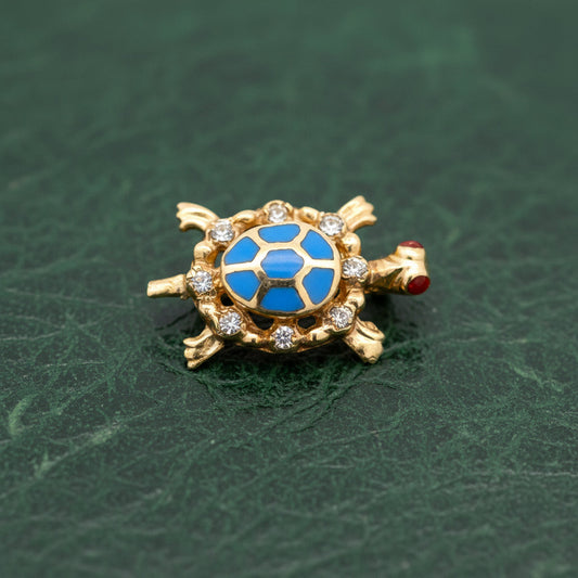 Modern Enamel, Garnet, and Diamond 14kt Yellow Gold Turtle Pendant