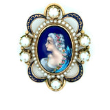Mid Century French Limoge Portrait " Asciore France" Enamel, Cultured Pearl Pendant/Brooch, Earring Set