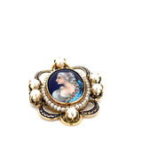 Mid Century French Limoge Portrait " Asciore France" Enamel, Cultured Pearl Pendant/Brooch, Earring Set