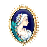 Mid Century French Limoge Portrait " Asciore France" Enamel, Cultured Pearl Pendant/Brooch, Earring Set