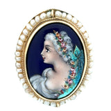 Mid Century French Limoge Portrait " Asciore France" Enamel, Cultured Pearl Pendant/Brooch, Earring Set