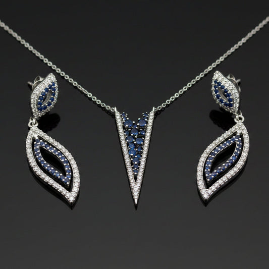 Modern Gabriel & Company Diamond & Sapphire 14Kt White Gold Necklace & Earring Set