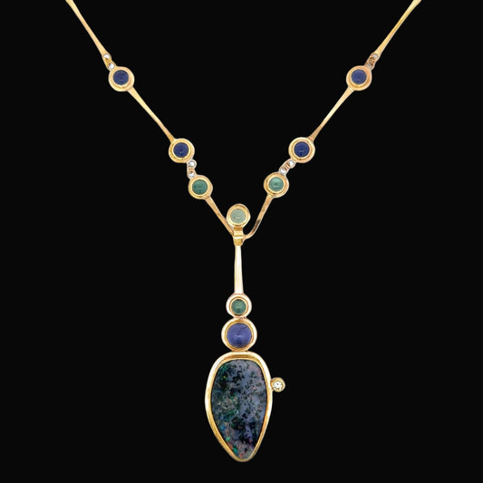 Estate Designer Lee Philips Black Opal, Aquamarine, Iolite 14K Yellow Gold Necklace