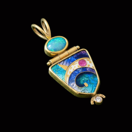 Estate Designer Ricky Frank 18K/22K Yellow Gold Opal & Cloisonne Pendant