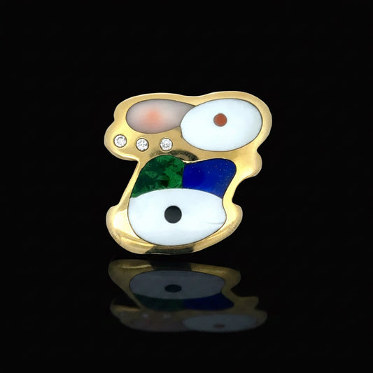 Estate Designer Asch Grossbardt Bunny Diamond & Multi Color Semi Precious 14K Yellow Gold Pendant