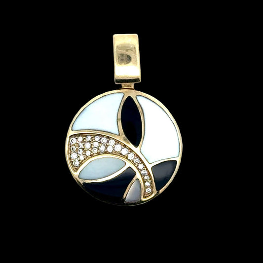 Designer Asch Grossbardt Diamond, Onyx, Mother of Pearl 14K Yellow Gold Pendant