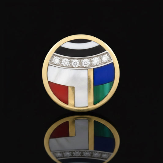 Designer Asch Grossbardt Diamond, Lapis, Malachite, Onyx, Coral 14K Yellow/White Gold Pendant