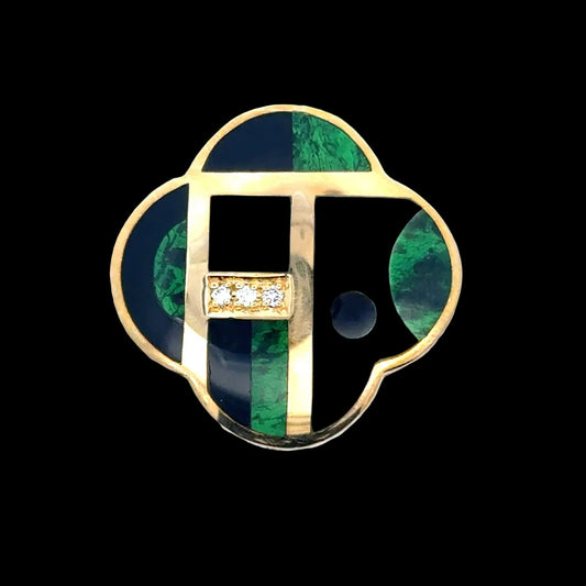 Designer Asch Grossbardt Mother of pearl, Turquoise, Malachite, Diamond, Onyx, Coral 14K Yellow Gold Pendant