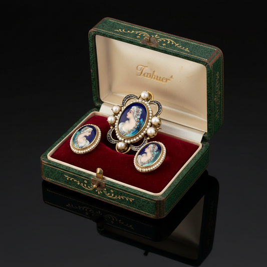 Mid Century French Limoge Portrait " Asciore France" Enamel, Cultured Pearl Pendant/Brooch, Earring Set