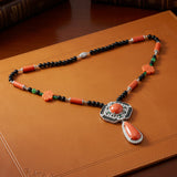 Coral Diamond Onyx Emerald 18k White Gold Necklace