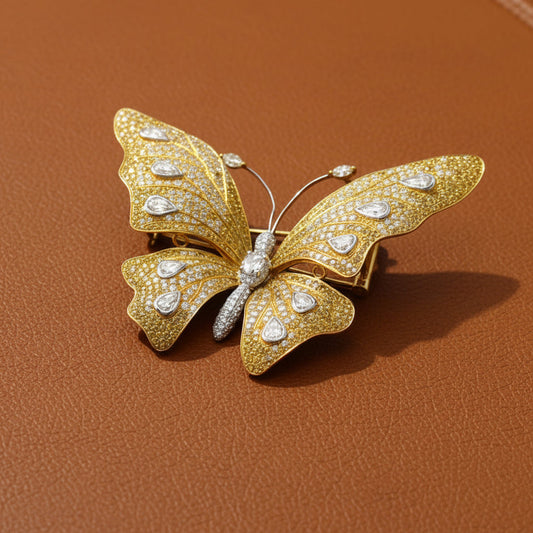 Butterfly Natural Fancy Yellow and White Diamond 18Kt Yellow and White Gold Brooch
