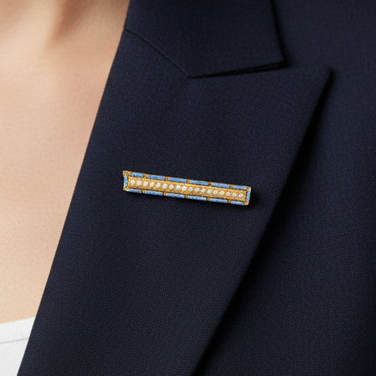 Vintage Pearl and Blue Enamel 14K Yellow Gold Brooch