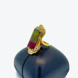 Estate Italian Designer Arezzo 13.26 ct Watermelon Tourmaline Diamond Custom 18K Yellow Gold Ring 14787