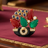 Cartier Paris 1991 Revival "Tabriz Collection" Basket Diamond, Chalcedony, Sapphire, Black Onyx, Carnelion 18Kt Yellow Gold Pendant/Brooch