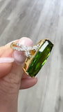 Estate Designer Elognated Cut 7.15 ct Green Tourmaline Diamond 18K Yellow Gold Ring 14774