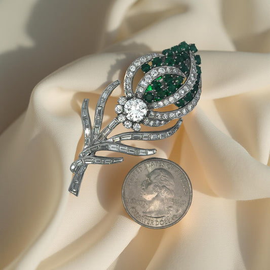 Vintage Diamond and Emerald 18K White Gold Flower Brooch