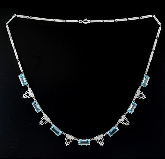 Aristocrat Art Deco Style Blue Topaz and Diamond 18K White Gold Necklace