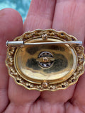 Victorian Revival Cobalt Blue Enamel, Pearl, Pink and Blue Sapphire 18K Yellow Gold Brooch