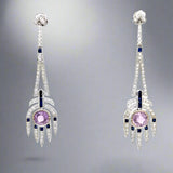 Aristocrat Art Deco Style Diamond, Pink and Blue Sapphire and 18K White Gold Dangle Earrings