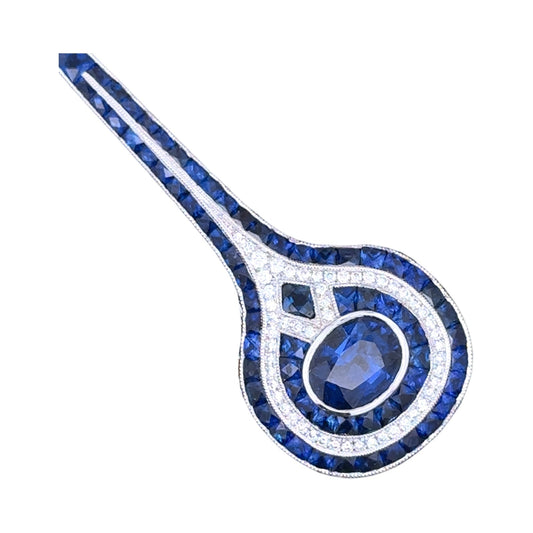 New Aristocrat Art Deco Reproduction 5.85 cttw Ceylon French Cut Sapphire and Diamond 18K White Gold Pendant  15307