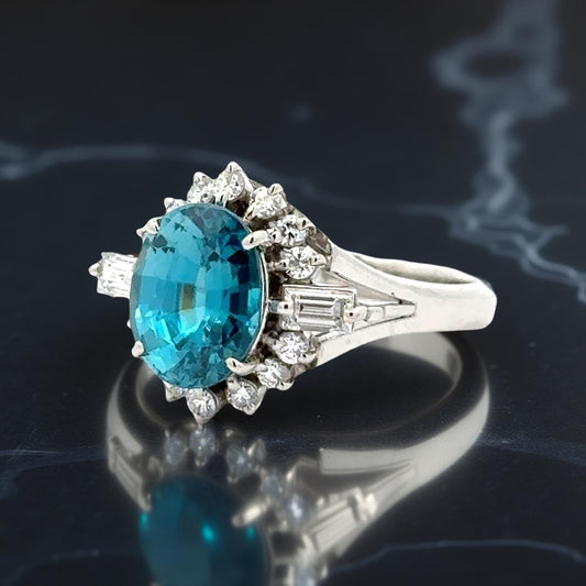 Blue Zircon and Diamond Platinum Ring