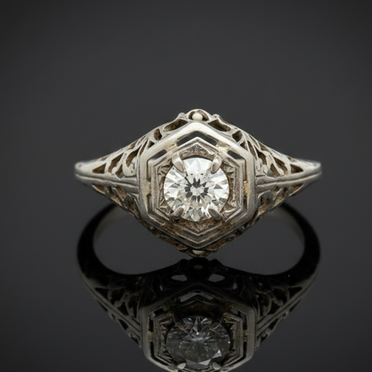 Art Deco .46ct. Old European Cut Diamond Filigree 14k White Gold Ring