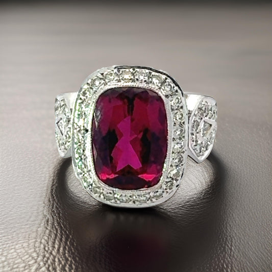 Important Estate Custom Designed 6.00 ct Cushion Cut Rubellite 2.71 cttw Diamond 14K White Gold Ring 15051