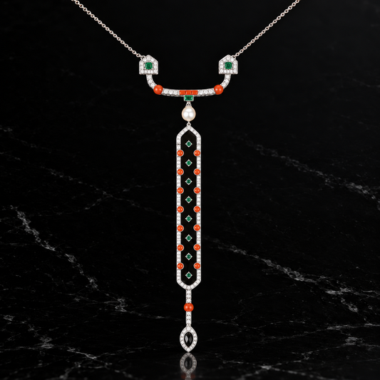 Diamond, Coral, Emerald, Pearl and Onyx 18K White Gold Necklace