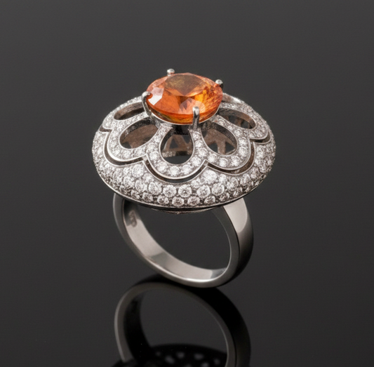 Zydo 5.10 ct Orange Sapphire and Diamond 18K White Gold Ring
