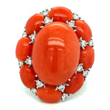 Coral and Diamond 18K White Gold Ring