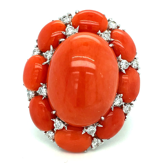 Estate Italian Bold Coral Diamond Ring 13637