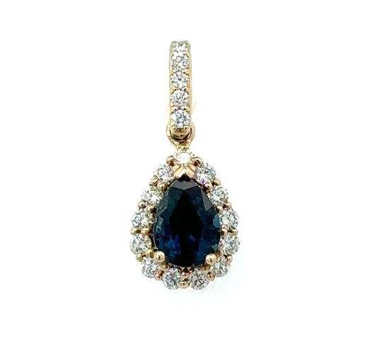 HMA Creations Sapphire and Diamond 14K Yellow Gold Halo Pendant