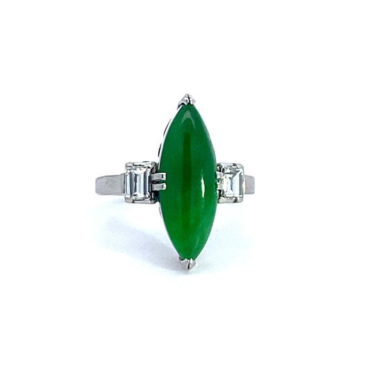 Estate 18 x 6 mm Jade Diamond Platinum Ring 14199