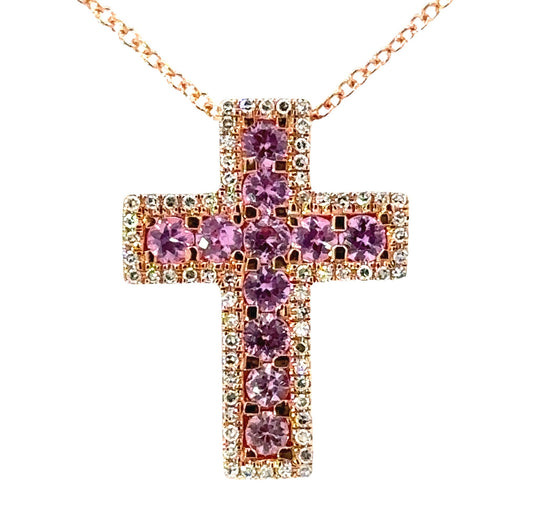 E.H. Collection .94 cttw Pink Sapphire & Diamond Cross Pendant With Chain 14421