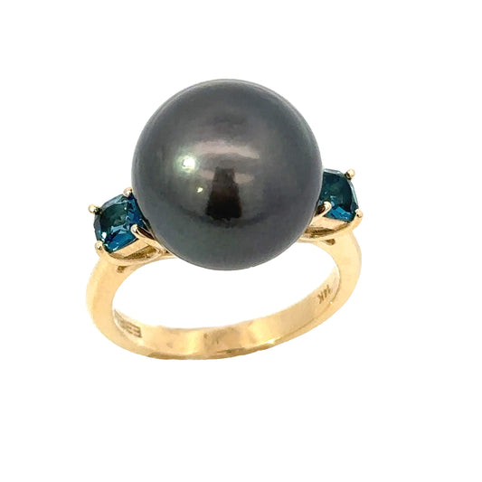 Effy London Blue Topaz & Black Tahitian Pearl Ring