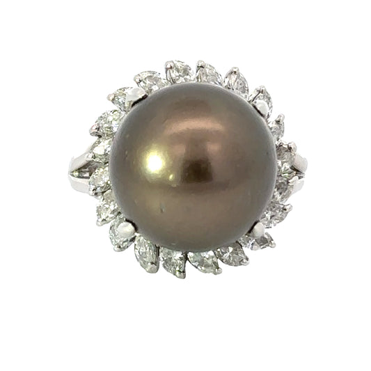 Estate Natural Tahitian Pearl and Diamond Ring 14205