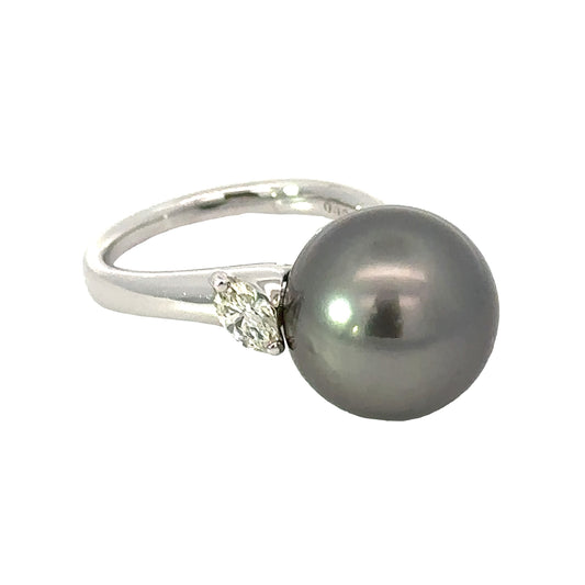 Estate 12.5 mm Tahitain Pearl Diamond Platinum Ring 14261