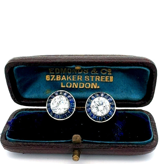 Art Deco Reproduction Aristocrat French Cut Sapphire Diamond Earrings (Center CZ) 11014