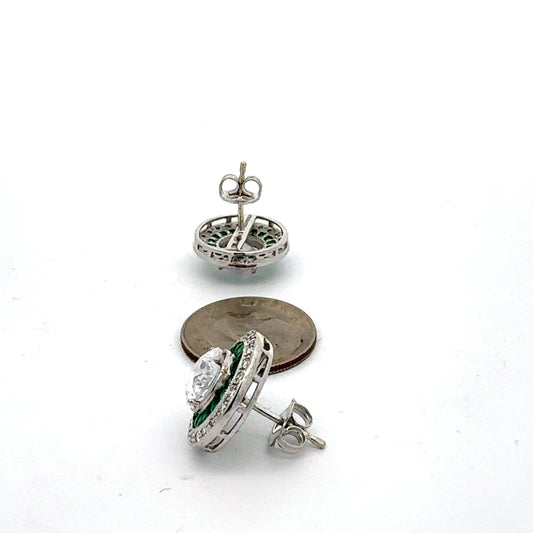 Emerald and Diamond 18K White Gold Earrings (Center Stone CZ)